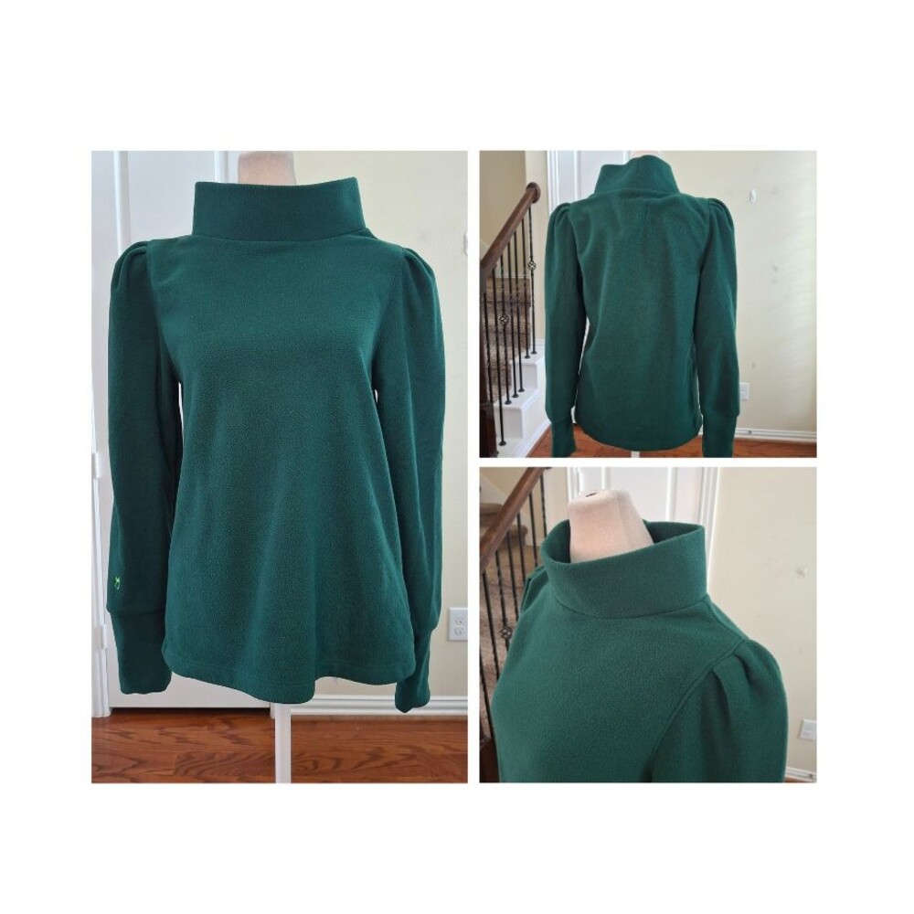 Dudley Stephens Palmer Puff Sleeve Top Green M Turtleneck Fleece Pullover Logo